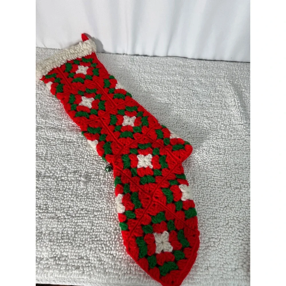VTG Hand Crocheted Christmas Stockings Red Green White Holly Star Motif Set of 2